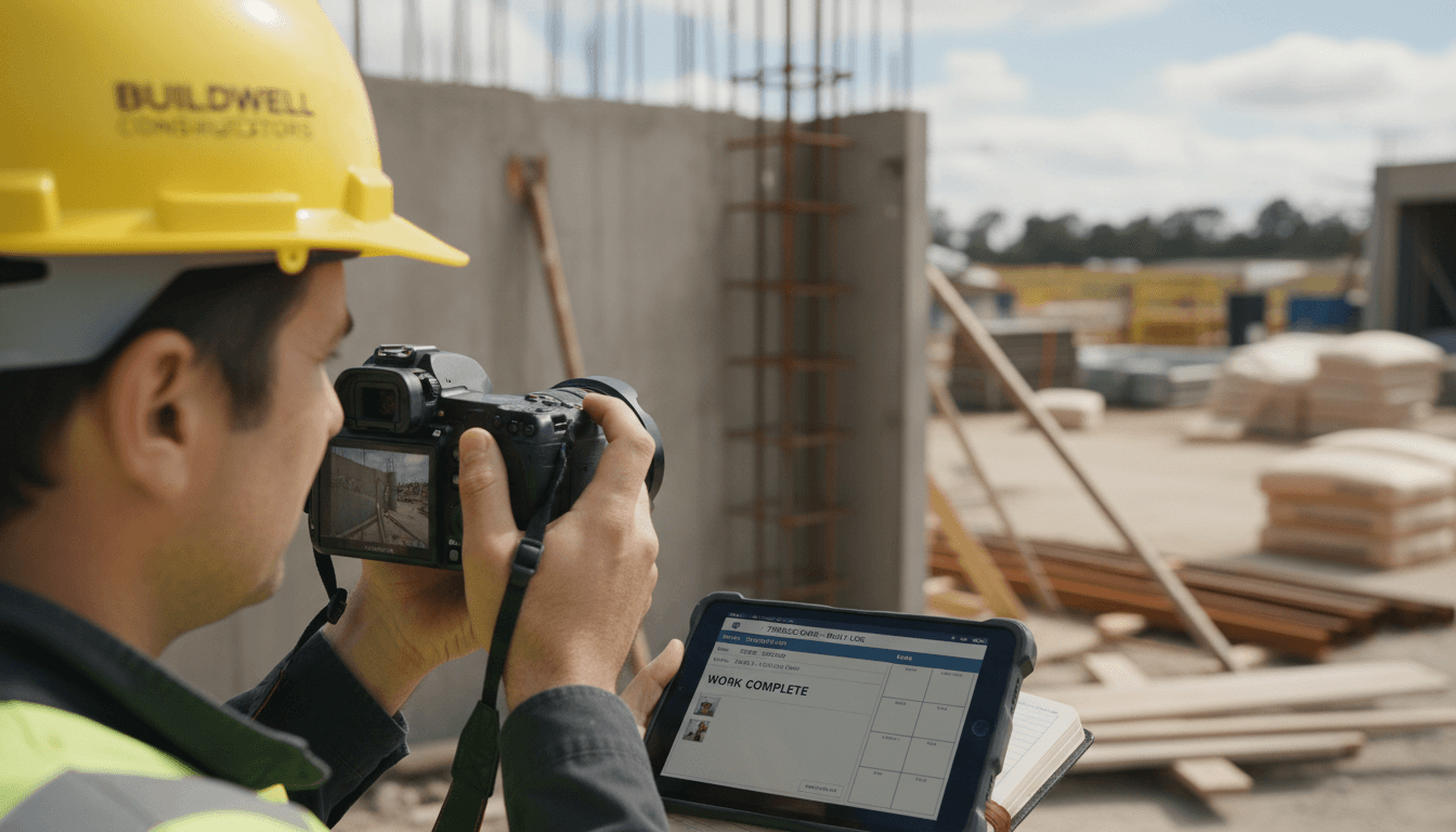Construction manager documenting completed work with photos and site logbook