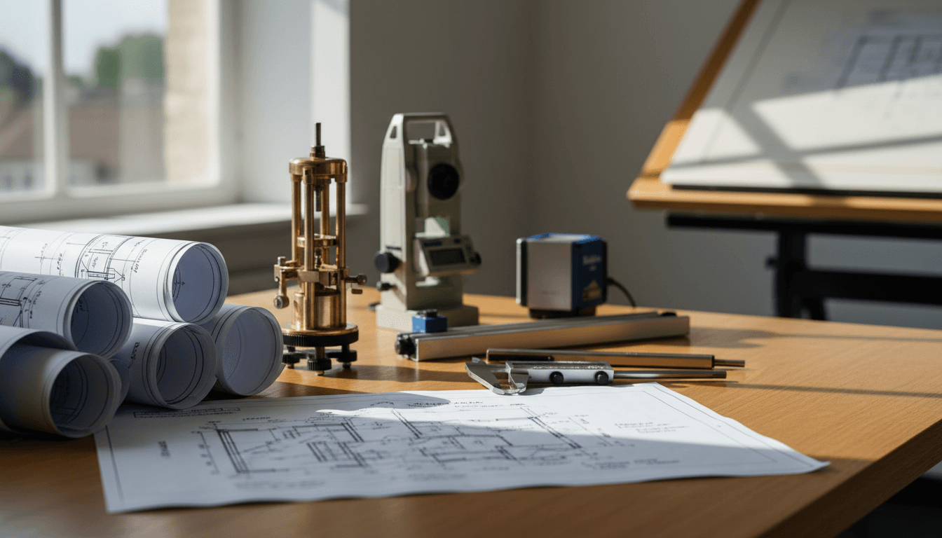 Engineering blueprints and surveying equipment on a workspace with natural side lighting