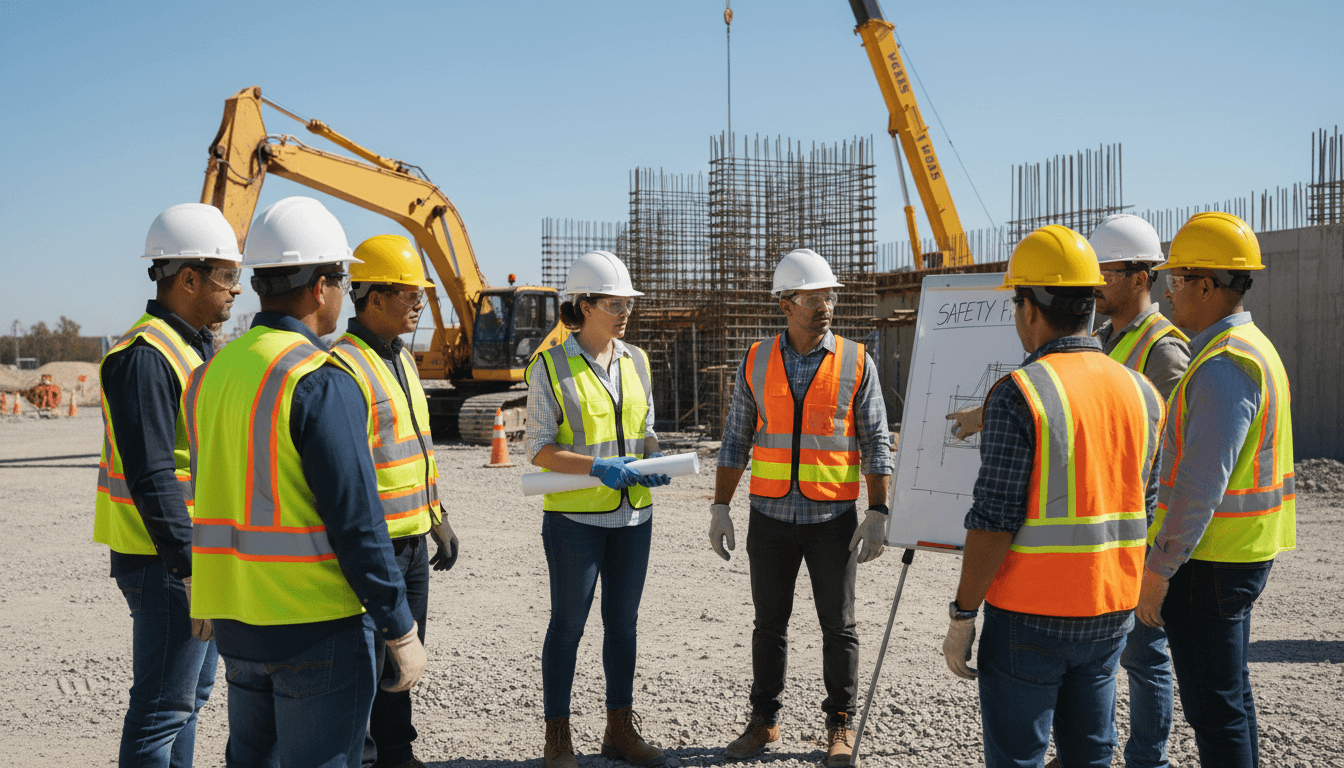 Construction workers participating in safety briefing on site