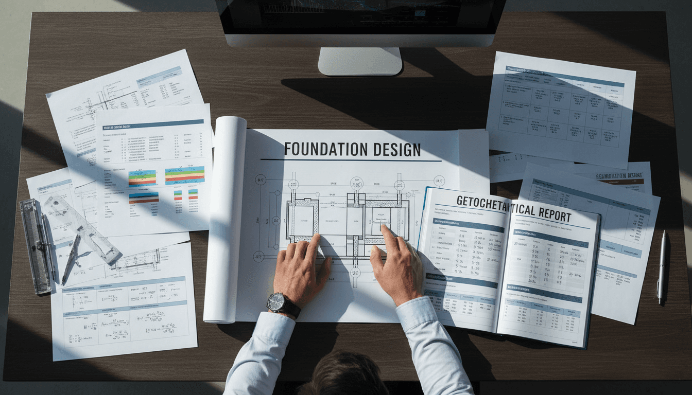 Geoscience engineer reviewing foundation design specifications