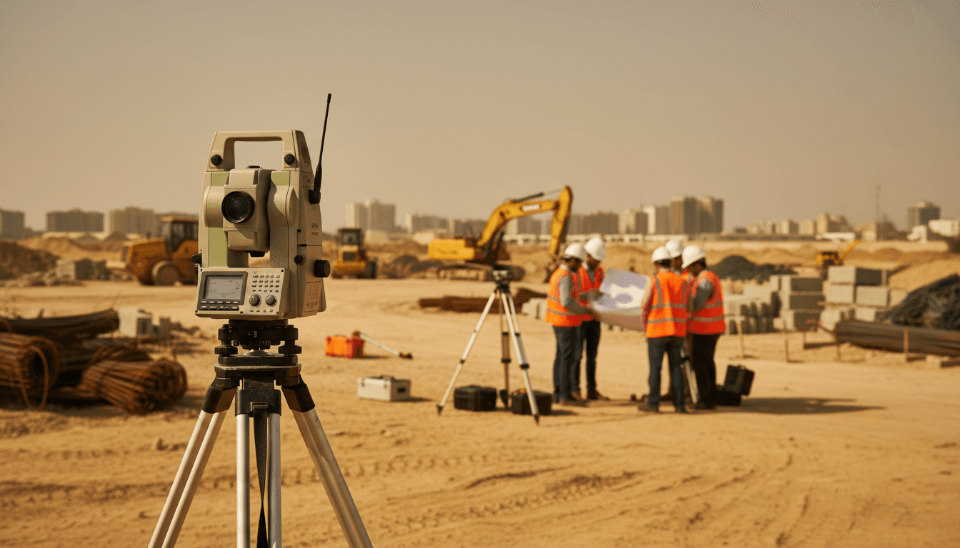 Professional surveying team with equipment on construction site