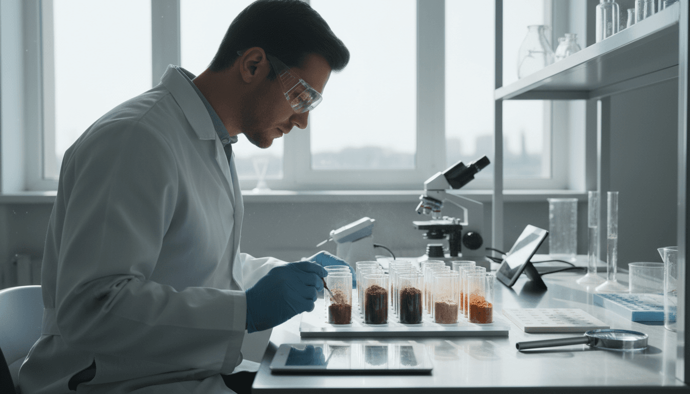 Laboratory technician analyzing soil samples for geotechnical properties