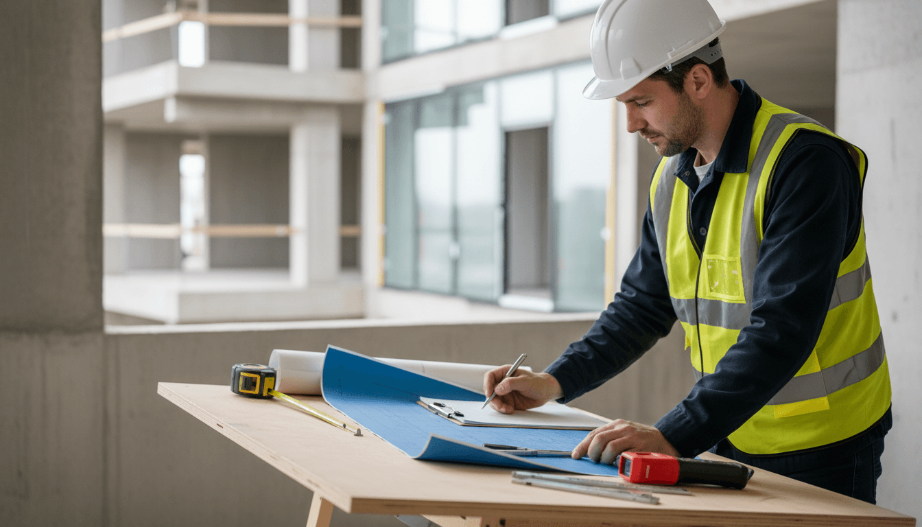Surveyor reviewing as-built documentation on construction site