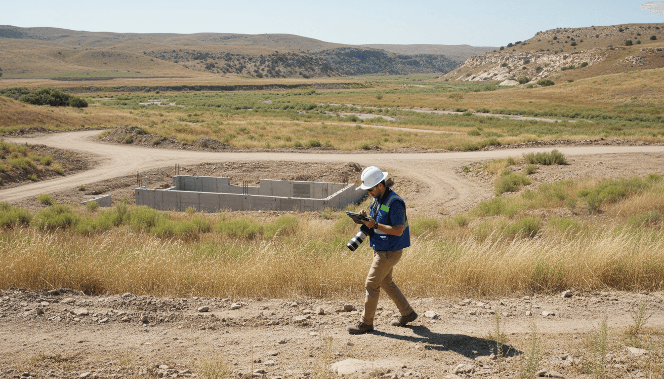 Surveyor walking site and documenting existing conditions for assessment