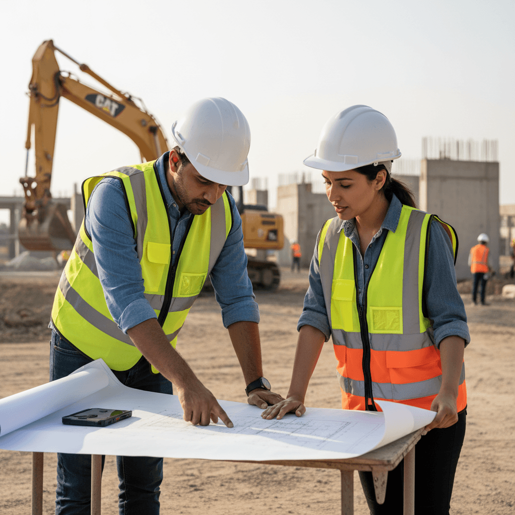 Engineering team collaborating on project plans at site