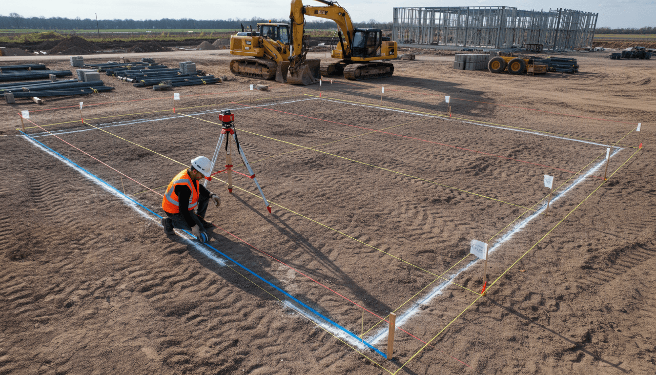 Surveyor marking building foundation layout lines on construction site