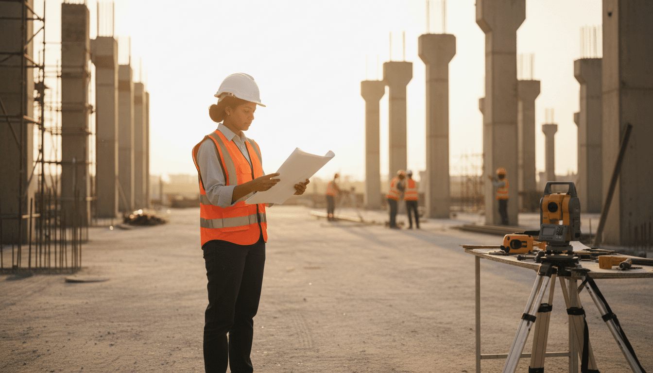 Professional engineer reviewing technical blueprints on construction site in Muscat