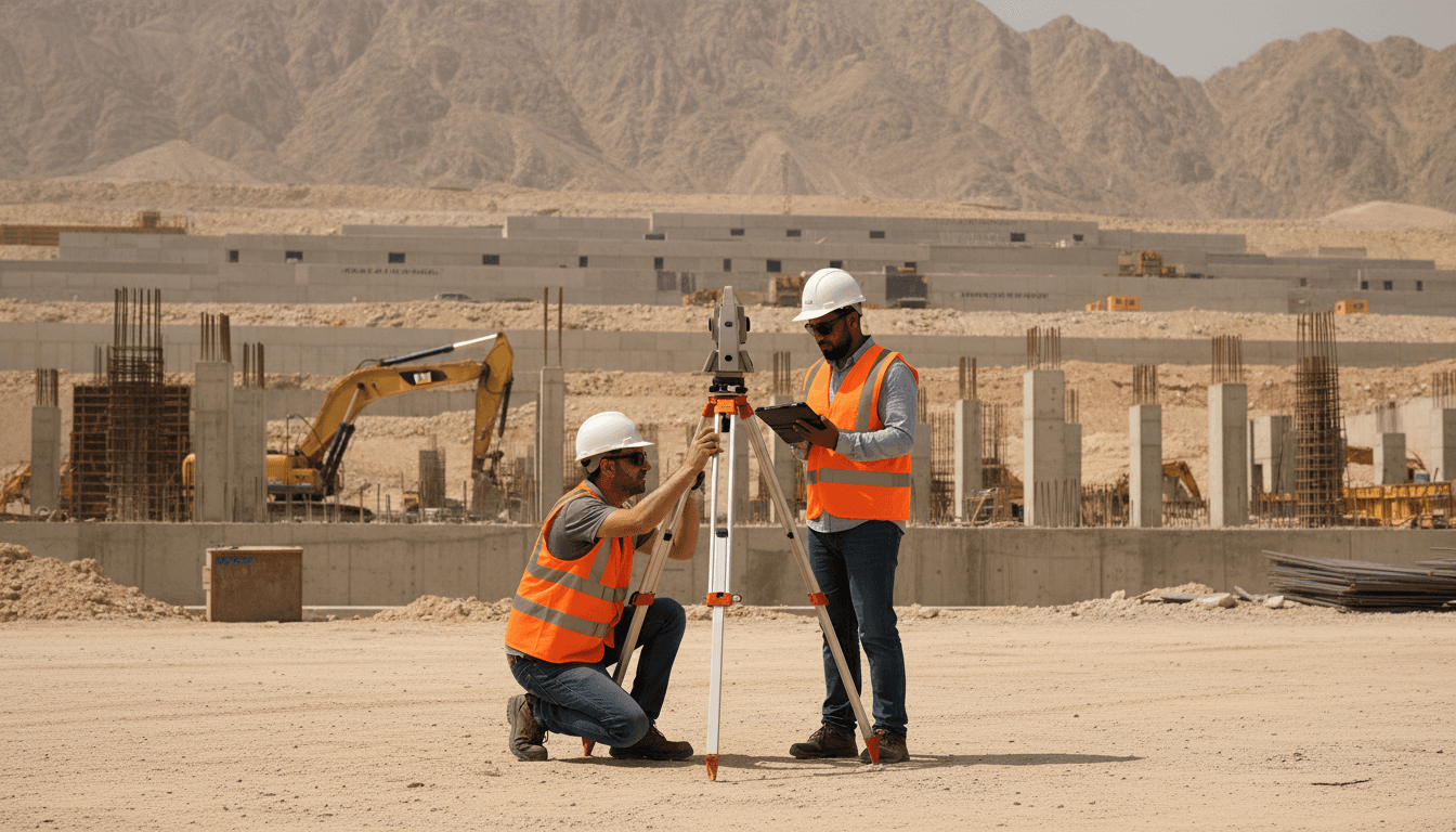 Professional surveying team conducting fieldwork with precision equipment on a Muscat construction site