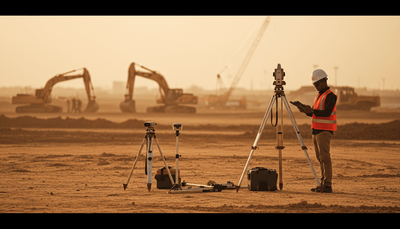 Professional surveying equipment and site inspection at an engineering project location