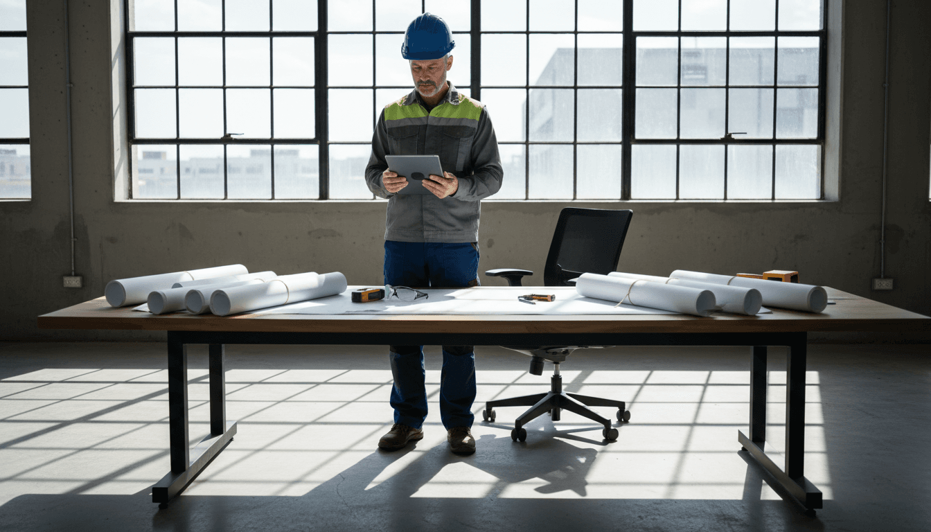 Construction manager reviewing project blueprints on tablet at site office