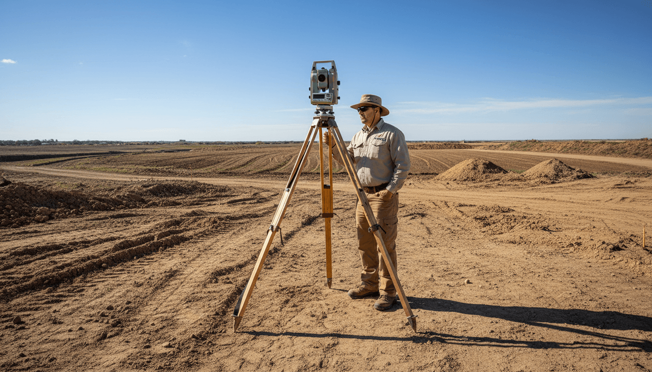 Surveyor with transit instrument on construction site conducting topographic survey