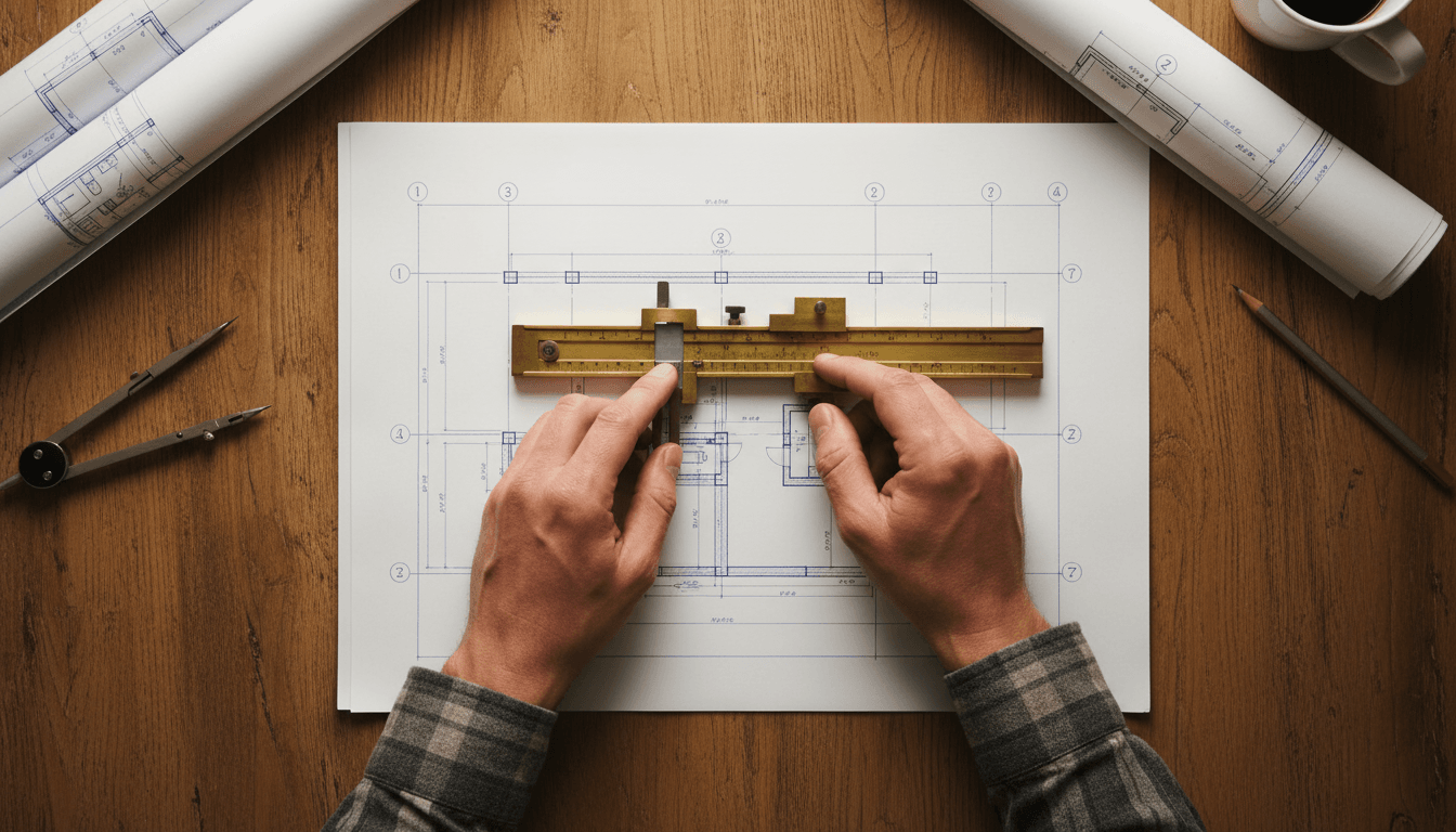 Close-up of surveying tools on blueprint