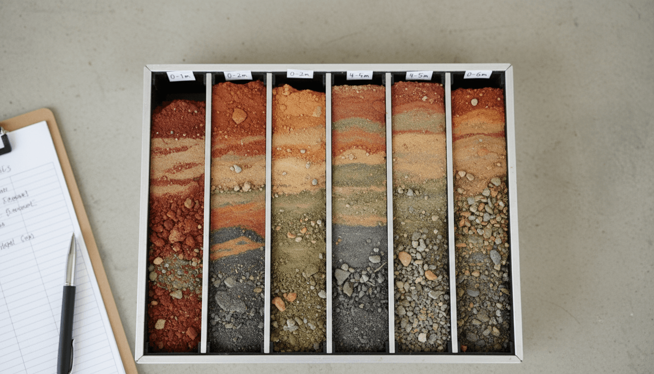 Detailed geological core samples showing soil and rock strata for material analysis