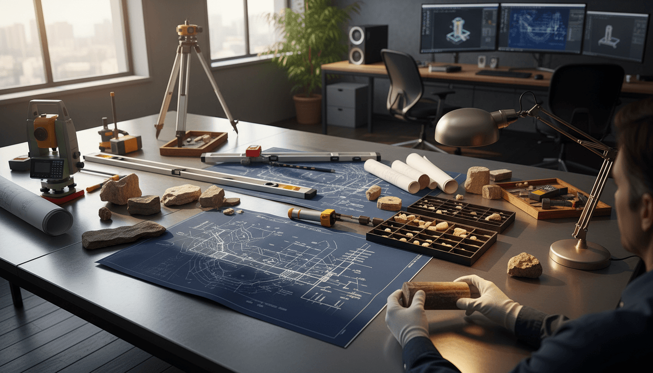 Engineering workspace with blueprints and surveying equipment