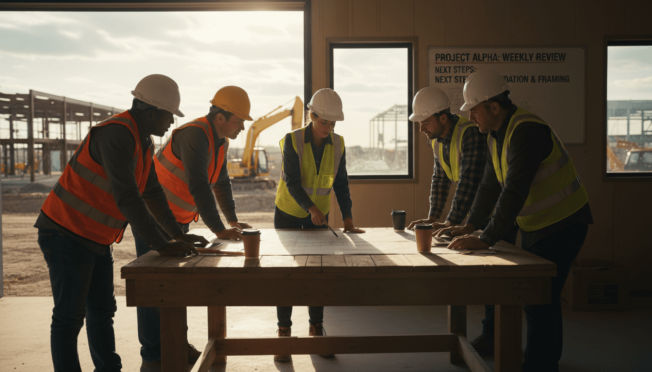 Construction manager coordinating with subcontractors on project site