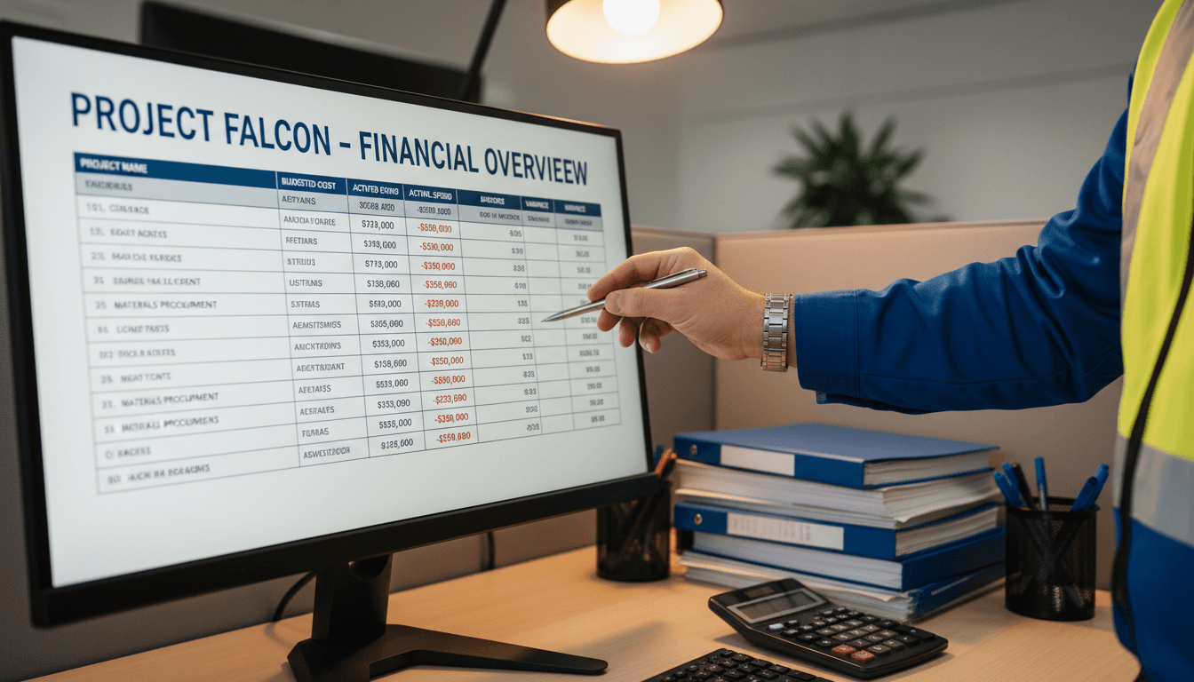 Construction manager reviewing budget spreadsheets and cost reports