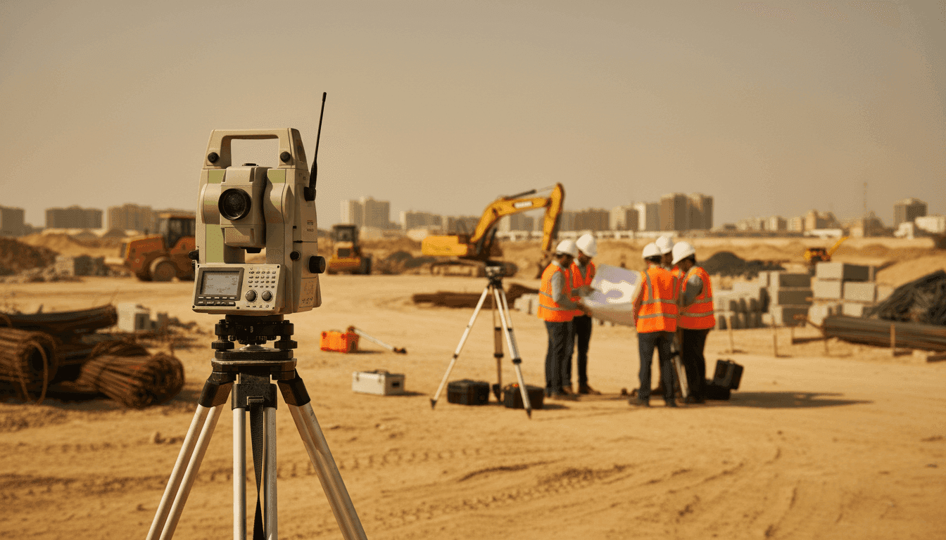 Total station on a tripod overlooking construction workers and heavy machinery at a dusty site.