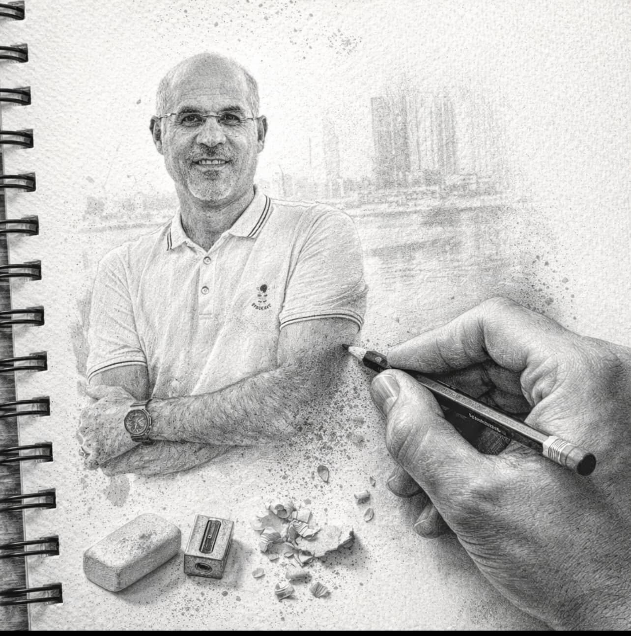 Hand drawing a realistic pencil portrait of a man with glasses in a sketchbook.